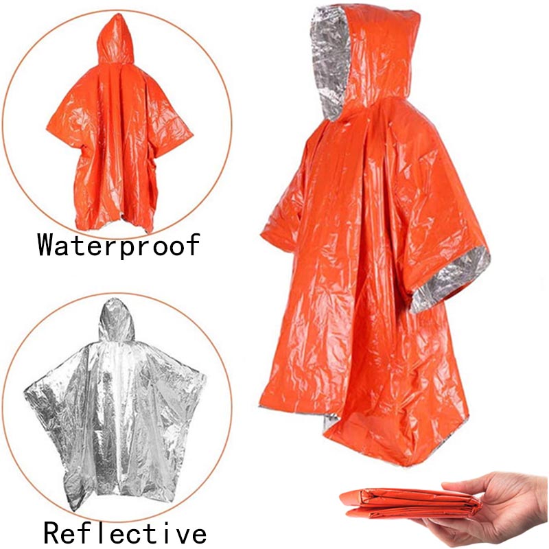 Poncho d'urgence et doublure de couverture en Mylar, imperméable, résistant au vent, Poncho de pluie d'extérieur pour Camping, randonnée, couvertures de survie