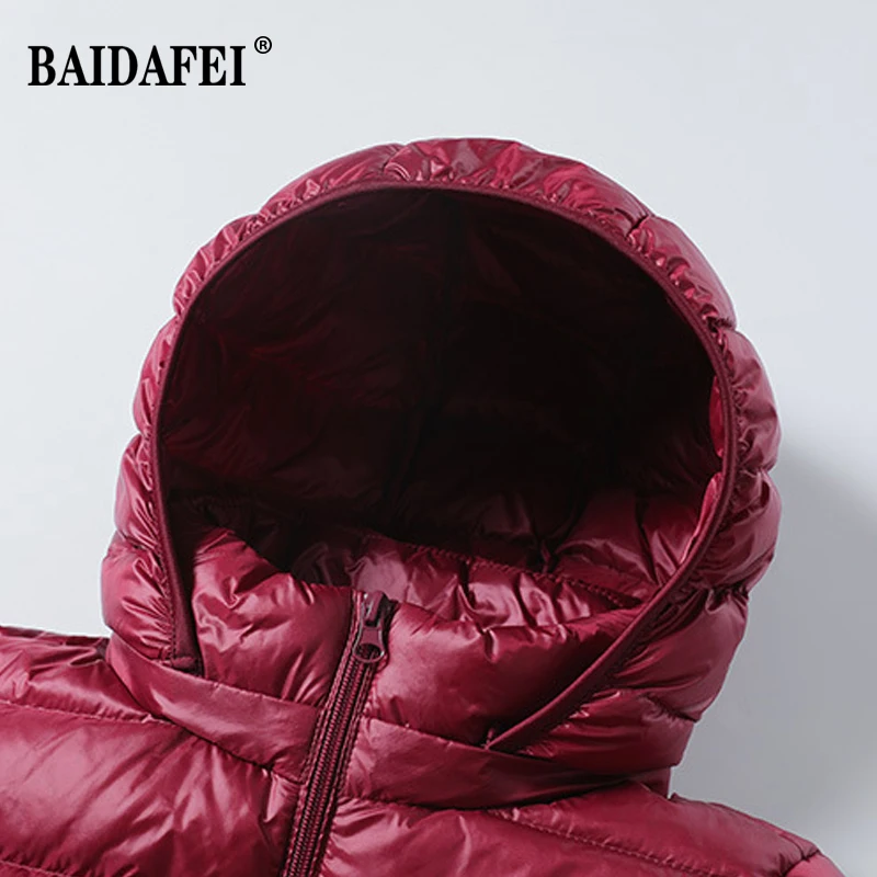 Damen bekleidung Frühling Winter leichte packbare lange Daunen jacken neue Kapuze abnehmbare weibliche tragbare flauschige Winter Puffer Mantel