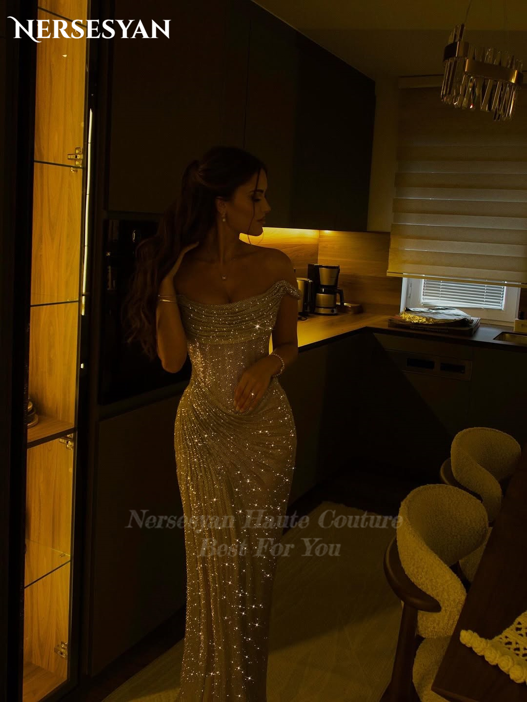Nersesyan Mermaid Glitter Luxury Evening Dresses Off Shoulder Draped Sequins Formal Dress Backless Sparkly Party Gown Customized