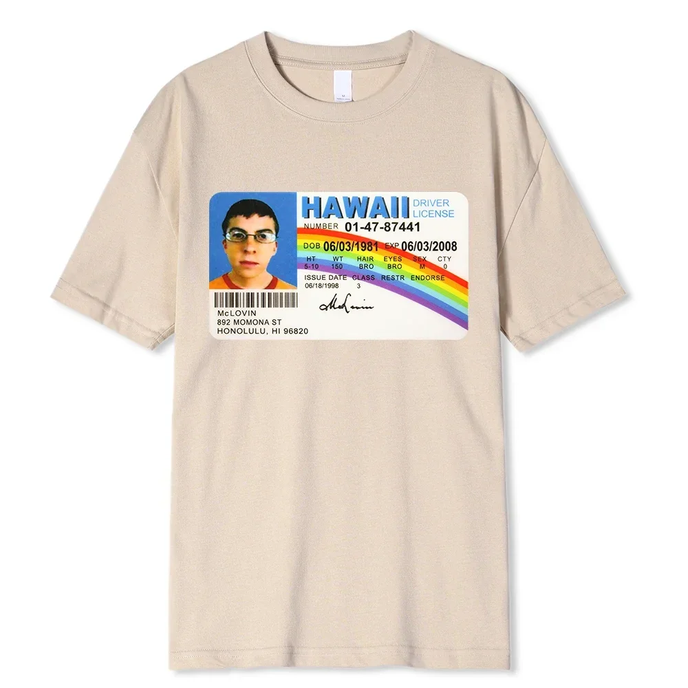 เสื้อยืดผู้ชายตลกฤดูร้อน mclovin ID Card เสื้อยืดพิมพ์ลาย superbad geek เสื้อแขนสั้นแนวสตรีทแฟชั่นเสื้อยืดโอเวอร์ไซส์ผ้าคอตตอน