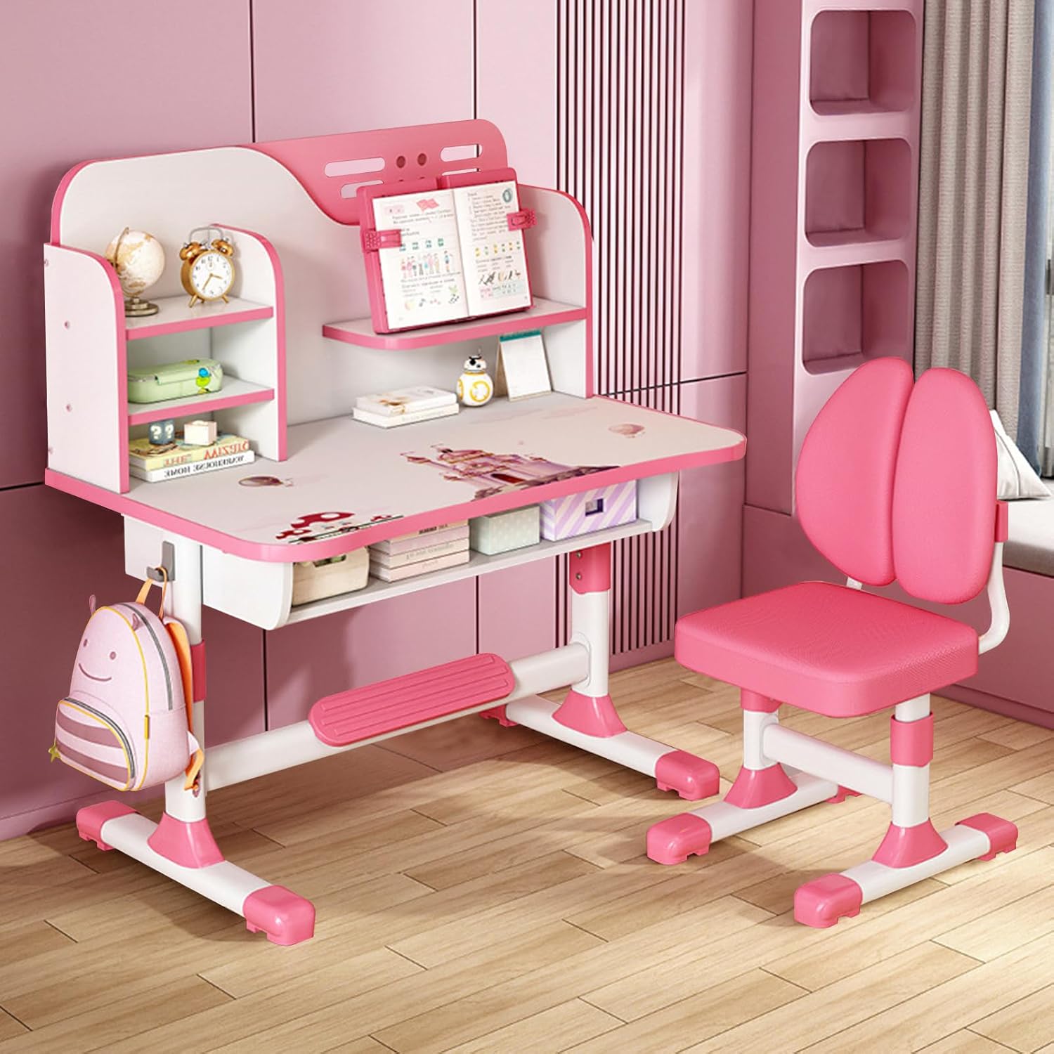Kids Desk and Chair Set, Height Adjustable Table with Writing Board, Bookshelf, and Drawer, Pink