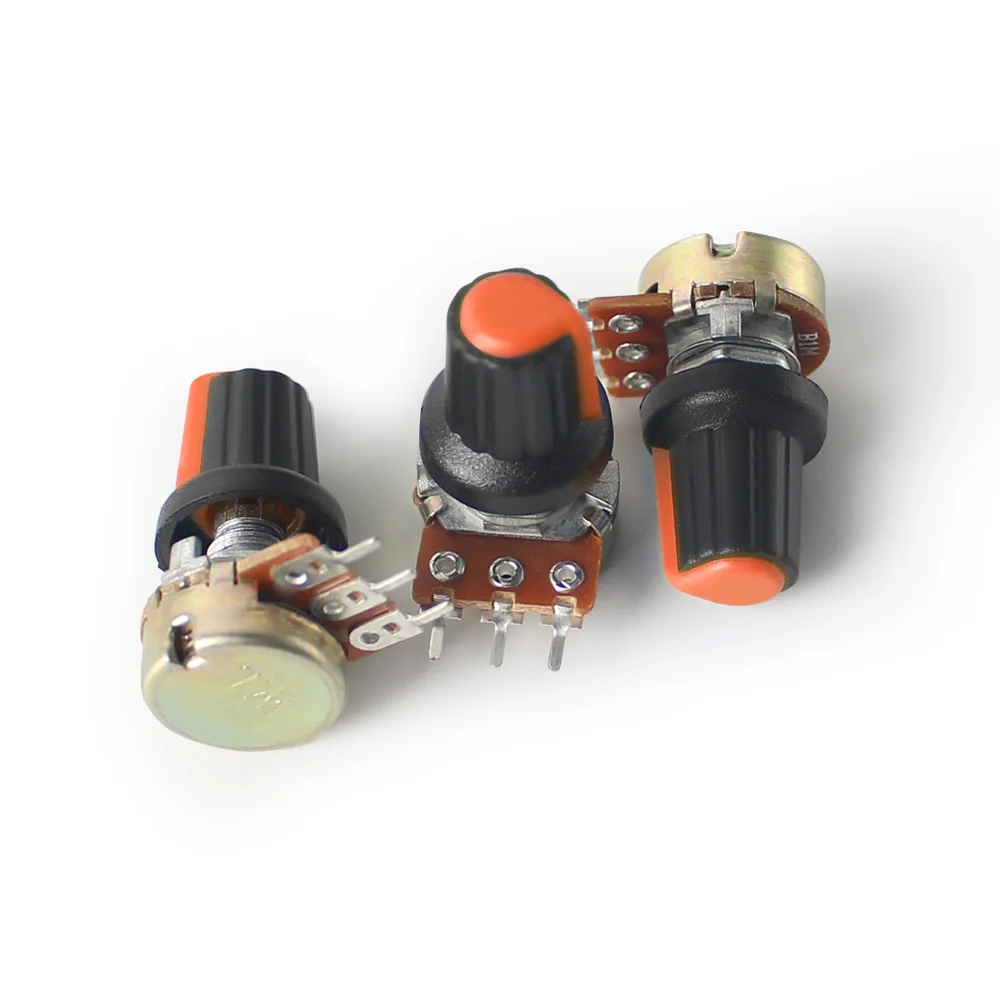 Juego de 5 potenciómetros giratorios lineales WH148 B1K B10K B20K B50K B100K B250K B500K 15MM resistencias variables de 3 pines con perilla AG2 naranja