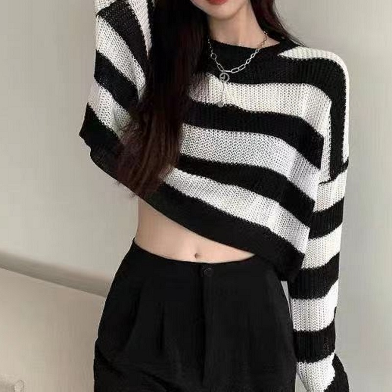 Nieuwe Koreaanse Stijl Gestreepte Cropped Trui Vrouwen Vintage Oversize Gebreide Jumper Vrouwelijke Herfst Lange Mouw O-hals Truien Tops