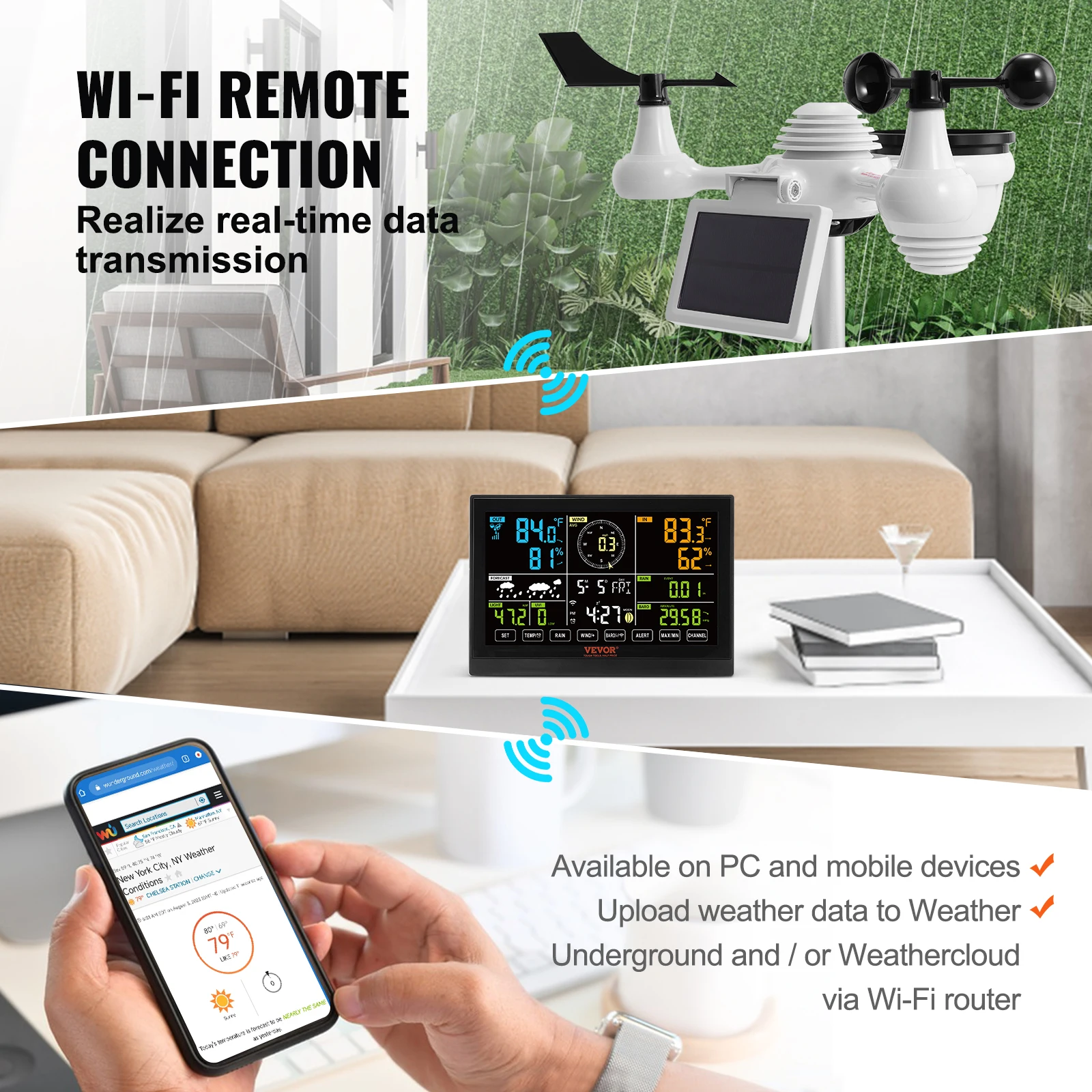 SucceBuy 7-in-1 Wi-Fi Weather Station 7.5 in Color Display + Solar Wireless Outdoor Sensor Alarm Alerts for Temperature Humidity