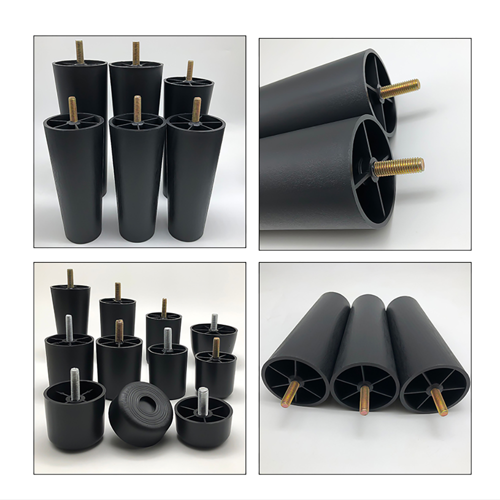 Pernas redondas cônicas de plástico preto para móveis, pés altos 25-180mm, almofada antiderrapante com haste de rosca m8 m10 para sofá e cadeira