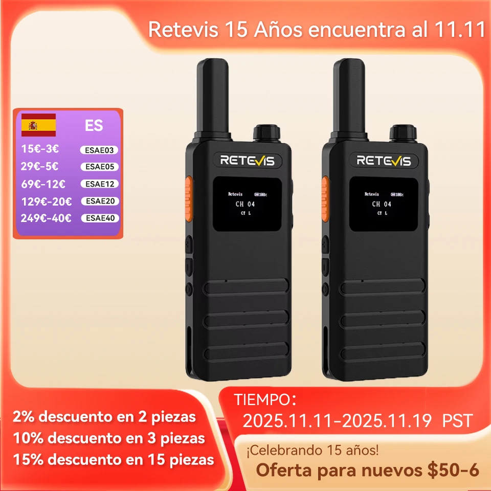 Retevis B63S (3a generación RT622) Walkie Talkie 2 piezas con pantalla LCD Walkie-talkie ultrafino sin licencia tipo C para acampar senderismo