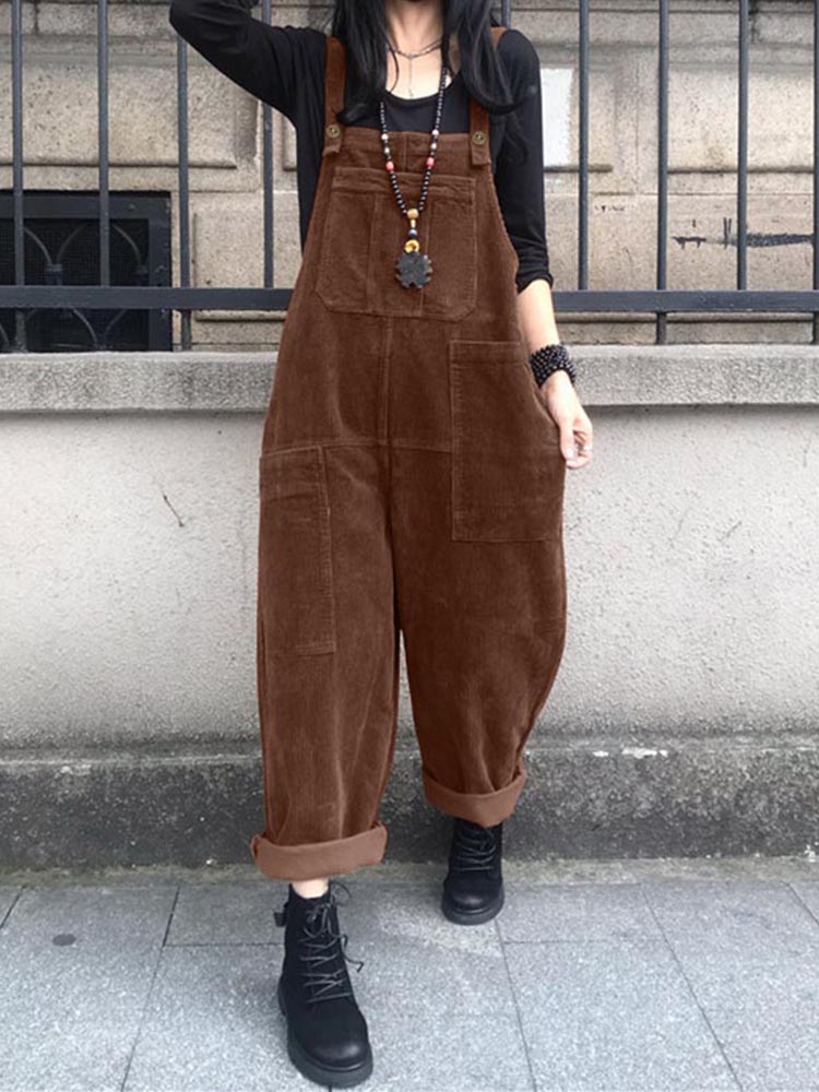 ZANZEA Herfst Rompertjes Effen Wijde Pijpen Speelpakjes Vrouwen Casual Bandjes Jarretel Overalls Vintage Corduroy Jumpsuits Overszie 2025