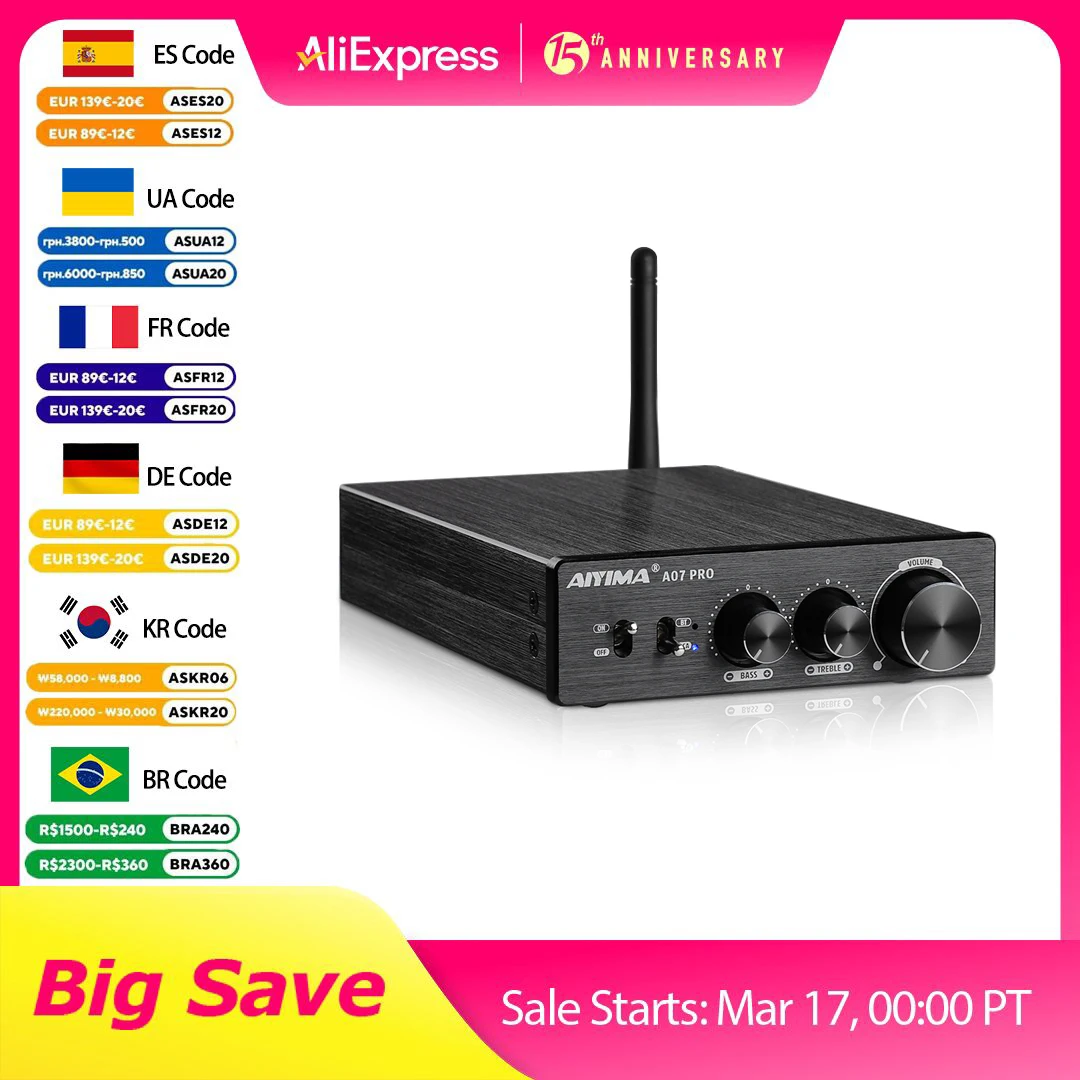 AIYIMA A07 PRO Bluetooth 증폭기 TPA3255 QCC304X 스테레오 2.0 채널 300Wx2 전력 디지털 증폭기 RCA APT-X 홈 사운드 앰프