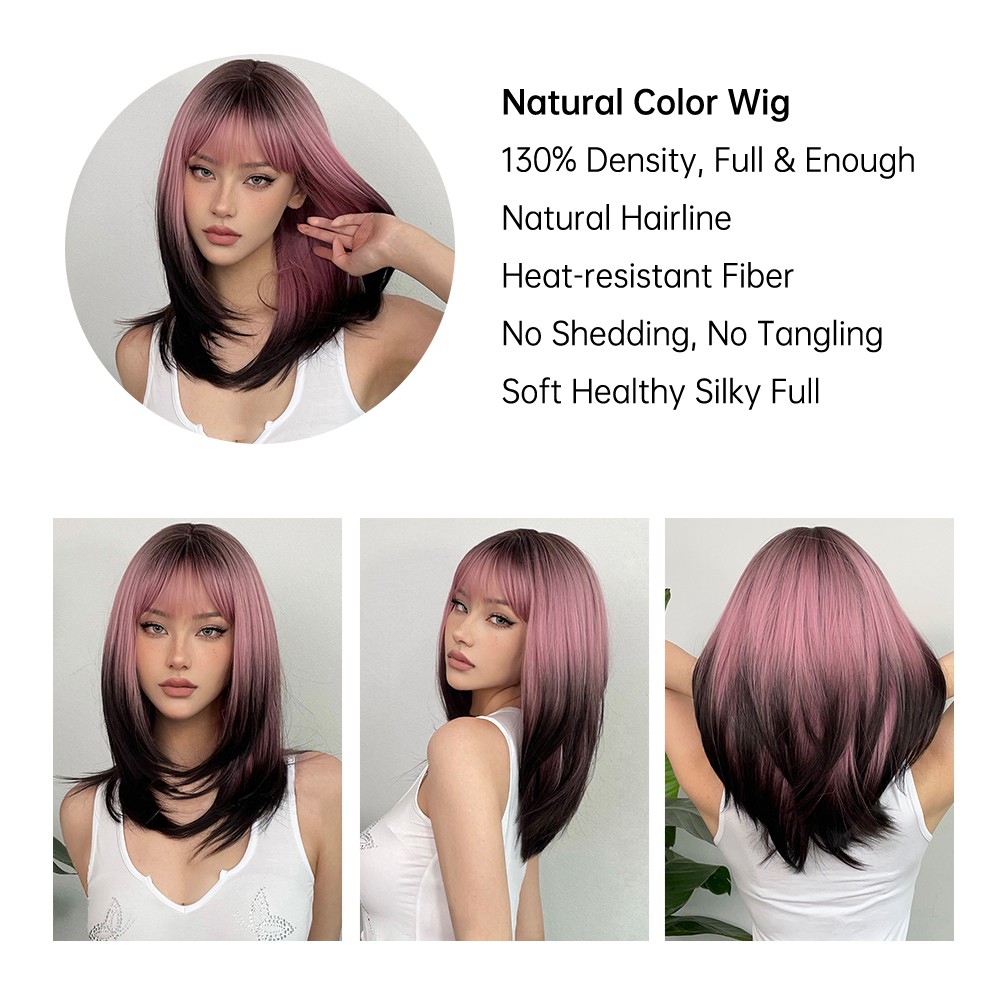 LOUIS FERRE Zwart Roze Ombre Synthetische Pruiken voor Cosplay Lange Rechte Gelaagde Pruiken met Pony voor Vrouwen Hittebestendige Nep Haar