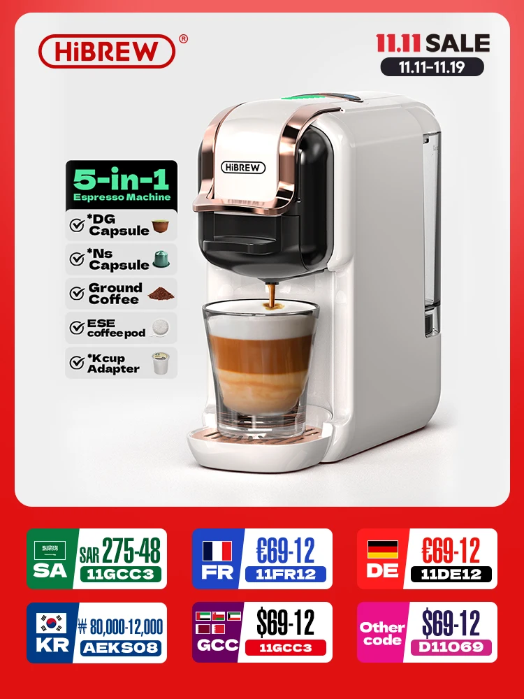 HiBREW 5 w 1 Ekspres do kawy z wieloma kapsułkami Gorący/zimny DG Cappuccino Nes Mała kapsułka ESE Pod Kawa mielona Cafeteria 20Bar H2B