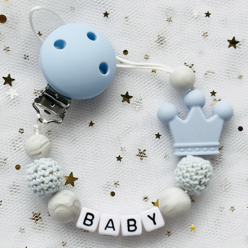 Novo nome personalizado chupeta clipe artesanal faia corrente de madeira silicone coroa titular chupeta bebê dentição brinquedo mastigar presente