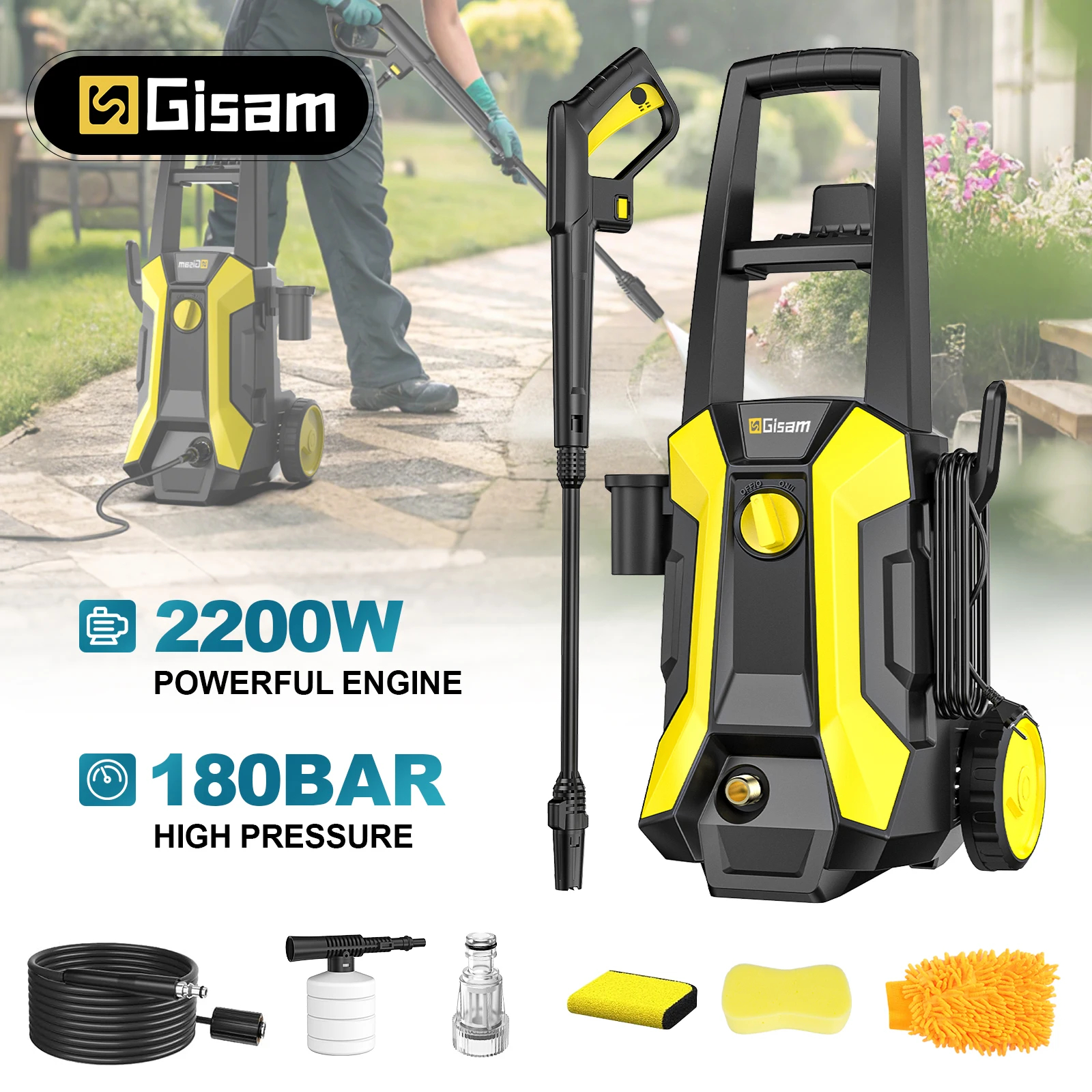 Gezione 180 бар 2200 Вт электрическая мойка высокого давления пистолет для мойки автомобилей садовая мойка водой пистолет-распылитель 180 °   Регулируемая насадка