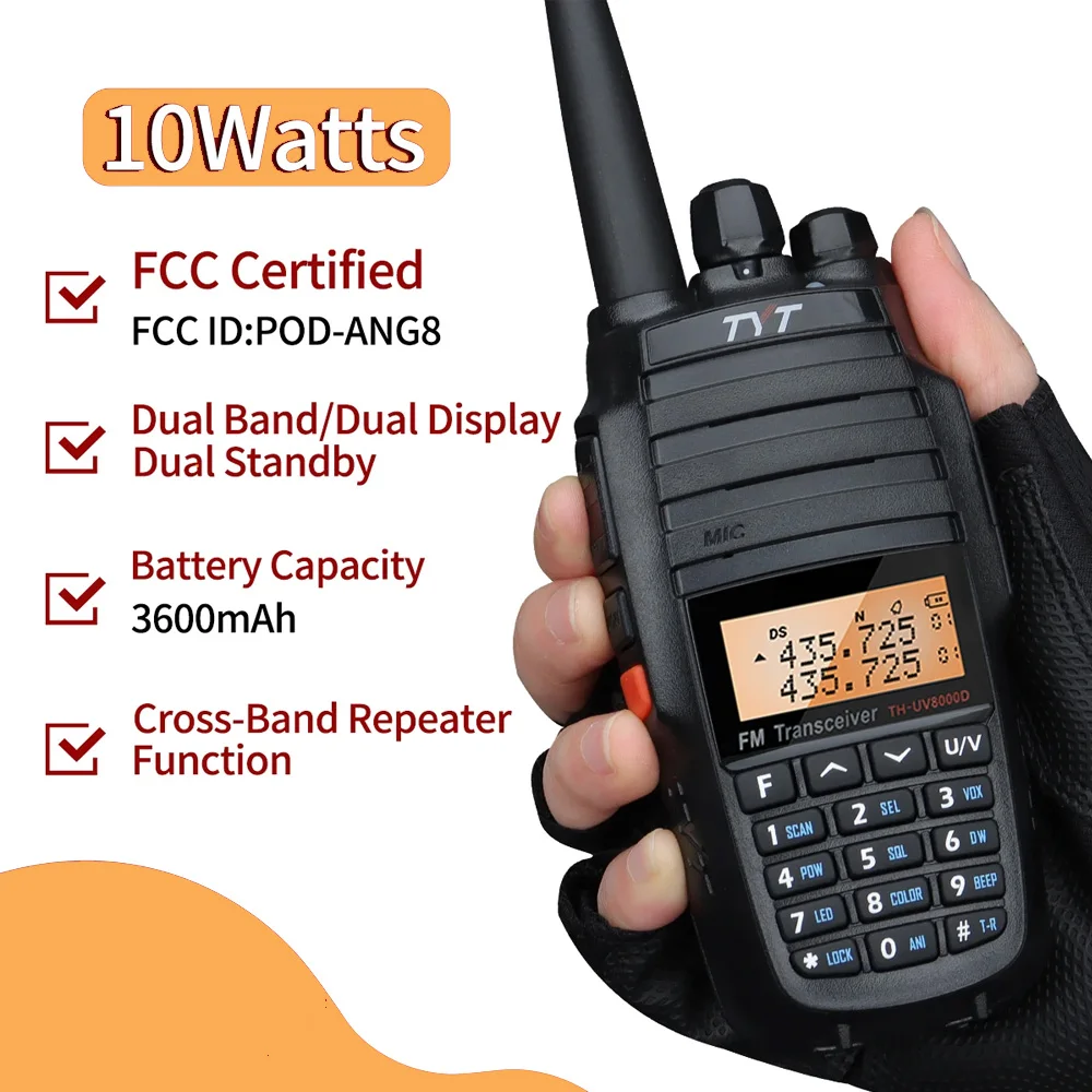 TYT TH-UV8000D High Power 10W Dual Band Handheld Transceiver 10KM Amateur Two Way Radio Cross-band Repeater Function FM Radio