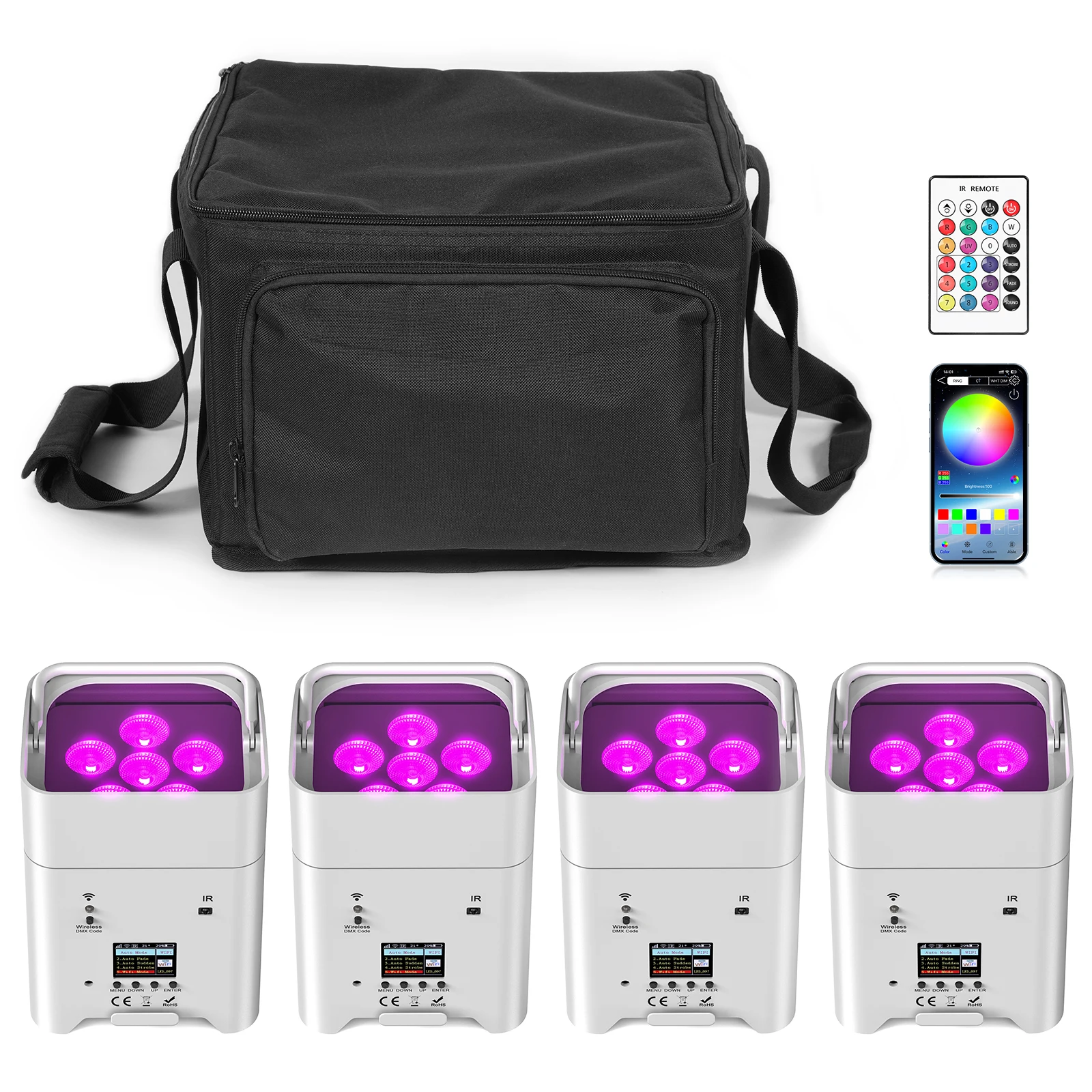U'King 4 SZT. RGBWA+UV LED Par Light z Torbą 6x18W DMX Oświetlenie Sceniczne Akumulator Wbudowany Bezprzewodowe Par Light Oświetlenie Barwiące