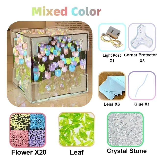 ทิวลิป Nightlight ทําด้วยมือ DIY วัสดุ Cube กระจกทิวลิปตกแต่งห้องนอนบรรยากาศโคมไฟของขวัญวันเกิดวันวาเลนไทน์
