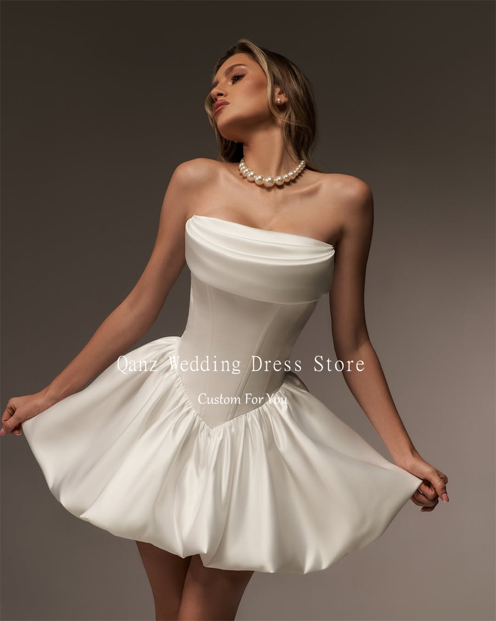 Qanz Vintage Satin Wedding Party Dresses Strapless Short A Line Ivory Lace Up Back Vestidos Para Mujer Bridal Gowns Customized