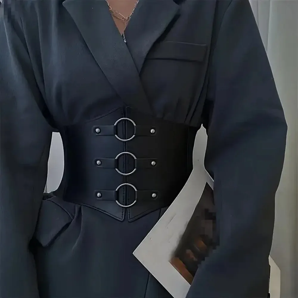 Cinto de espartilho gótico elegante, fivela tripla com rebite preto, cintura elástica waspie para mulheres punk, perfeito para casacos