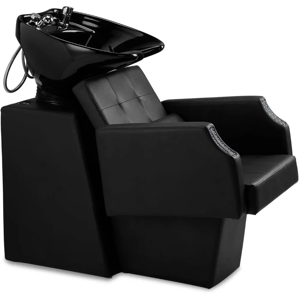 Salon Shampoo Backwash Chair, Hair Wash Stations with Large Ceramic Bowl, Adjustable Shampoo Bowl Sink Chair for Barbershop