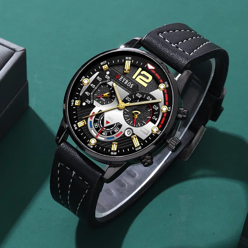 Relógio de pulso de quartzo de couro preto de luxo masculino, relógio casual, pulseira e colar, calendário, data, moda, 3pcs