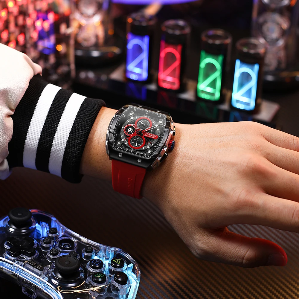 Reloj CURREN deportivo cronógrafo de cuarzo para hombre, reloj de pulsera con esfera Tonneau y correa de silicona azul a la moda con fecha resistente al agua hasta 3atm