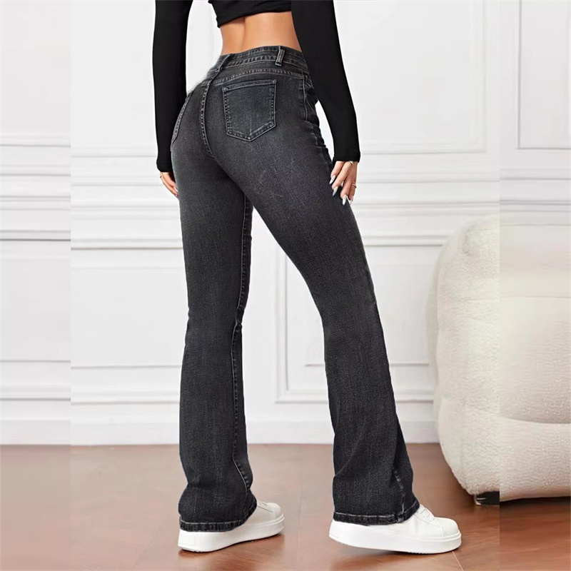 Mulheres novo casual micro flares jeans vintage meados de cintura botão splice denim calças femininas escritório commuter tendência streetwear
