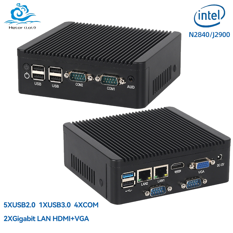 Helorpc อุตสาหกรรม Mini PC N2840/J2900 รองรับ WIN10 LINUX 2xGigabit LAN 5xUSB2.0 1xUSB3.0 4xDB9 COM 1xHDMI 1xVGA คอมพิวเตอร์