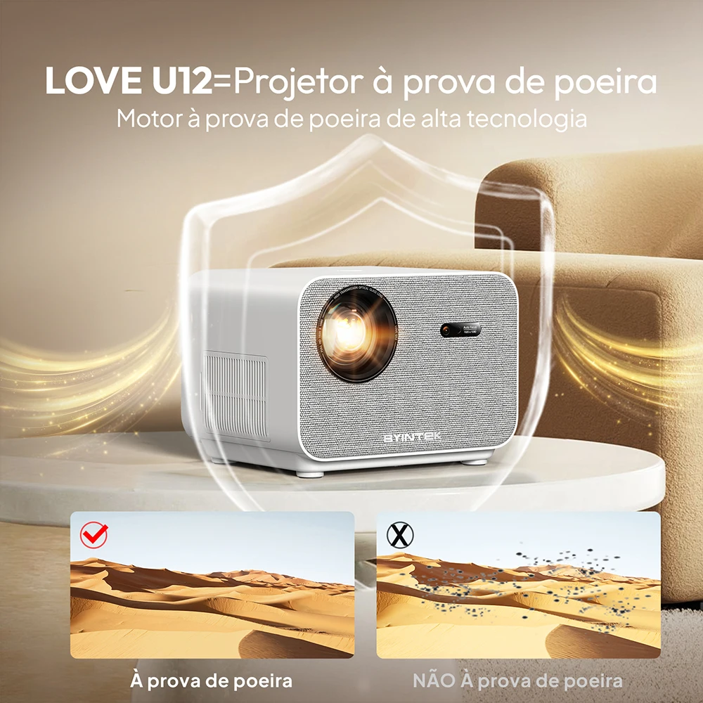 BYINTEK LOVE U12 Full HD 1080P Projetor 4K 800 ANSI Android WiFi 6 Projetores de home theater com foco automático para vídeo de reuniões de filmes