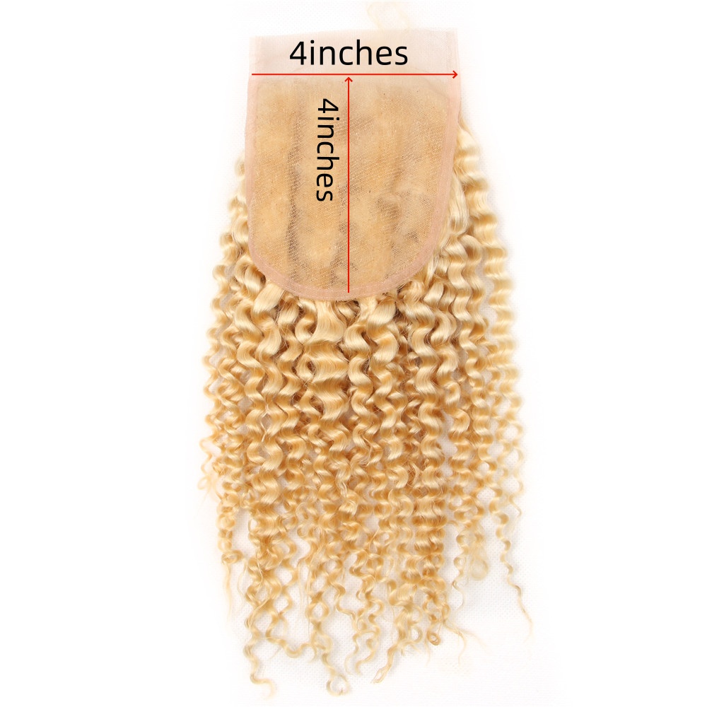 Fechamento encaracolado perversos louro do laço do mel, parte livre, laço transparente, cabelo humano de 100%, pre arrancado com cabelo do bebê, 4x4, 613, 10-20"