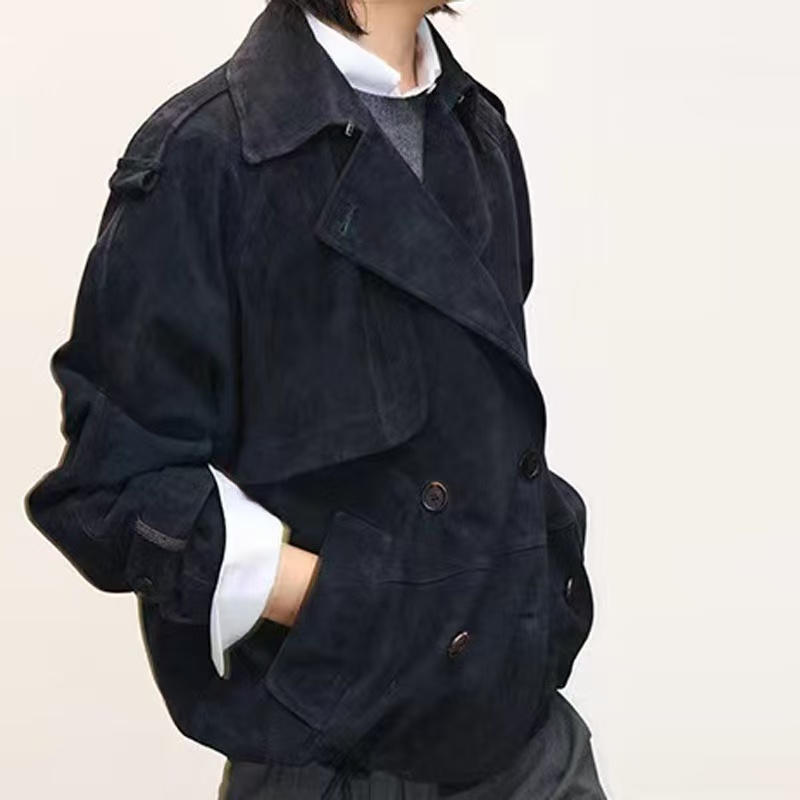 女性用スエードレザージャケット,ダブルブレスト,ラージラペル,トレンチコート,ショート,ブランド,新品,2022