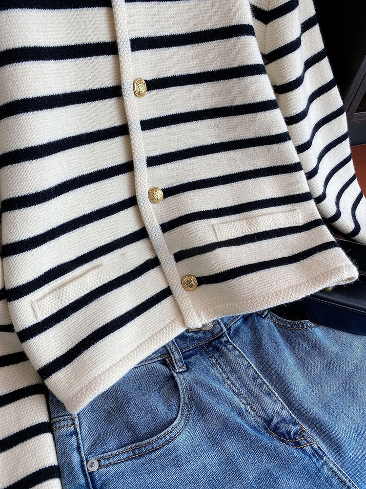 Phụ Nữ Mùa Xuân, Mùa Thu Áo Len Cổ Tròn Sọc Dệt Kim Cardigan Thời Trang Dài Tay Ngắn Cao Cấp Phong Cách Hàn Quốc Mới