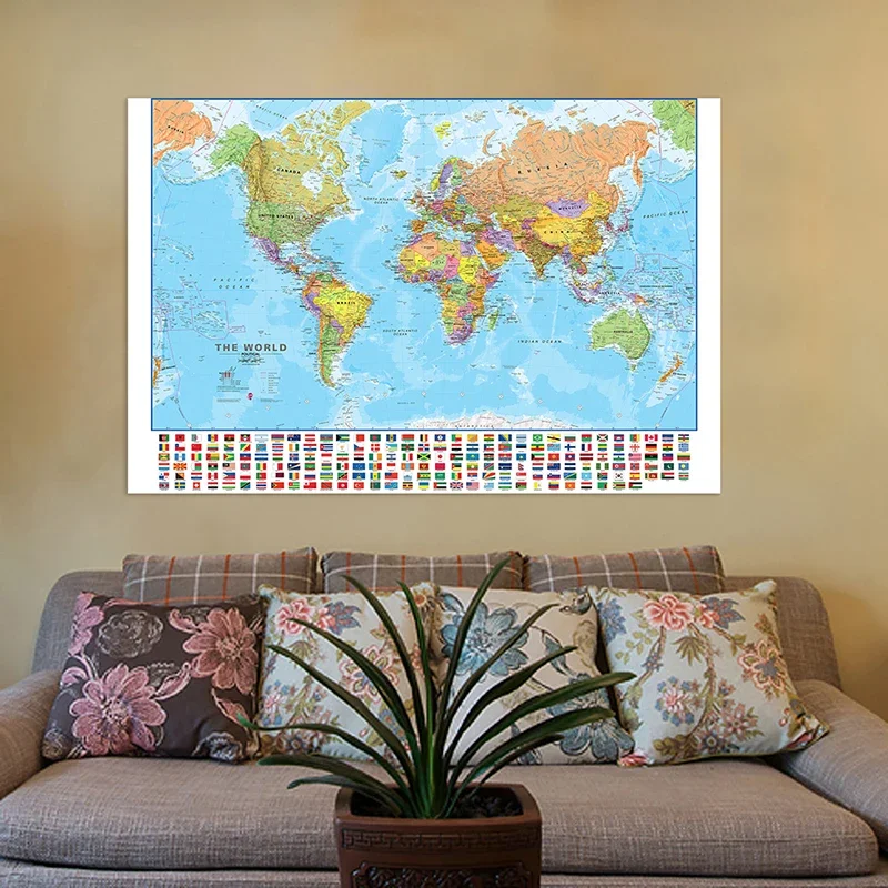 Póster Artístico de pared con mapa del mundo de 150x100cm, pintura en inglés, decoración de fondo para el hogar y la Oficina, suministros de viaje, imagen colgante escolar