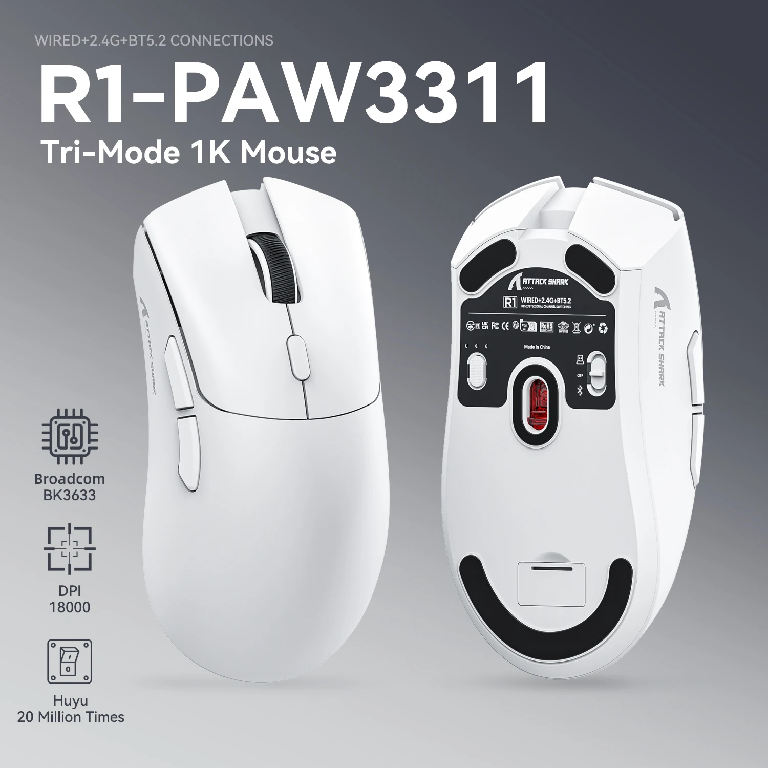 Mysz Bluetooth Attack Shark R1 Bezprzewodowa mysz z trzema trybami PAW3311 Mysz e-sportowa