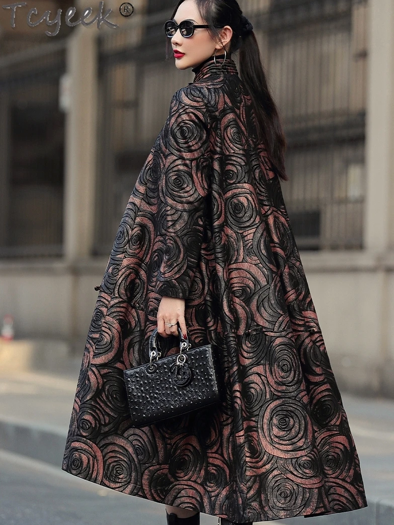 Tcyeek リアルレザージャケット女性天然シープスキンレザーコート秋冬服ミッドレングストレンチコート女性のための 2024