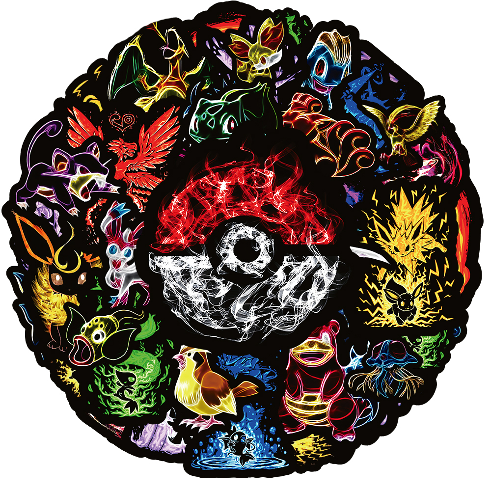 10/30/50/100pcs Cool Neon Light Anime Pokemon Stickers Pikachu Cartoon Decals for Kids Toy Phone Notebook Cool Graffiti Sticker