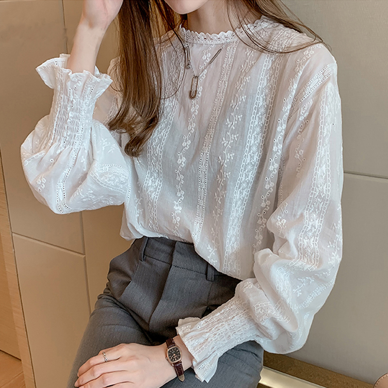 Dingaozlz Phong Cách Vintage Phối Ren Tay Loe Khoét Hở Áo Trắng Quần Áo Thông Thường Mới Thời Trang Nữ Đầu Ngực Blusa