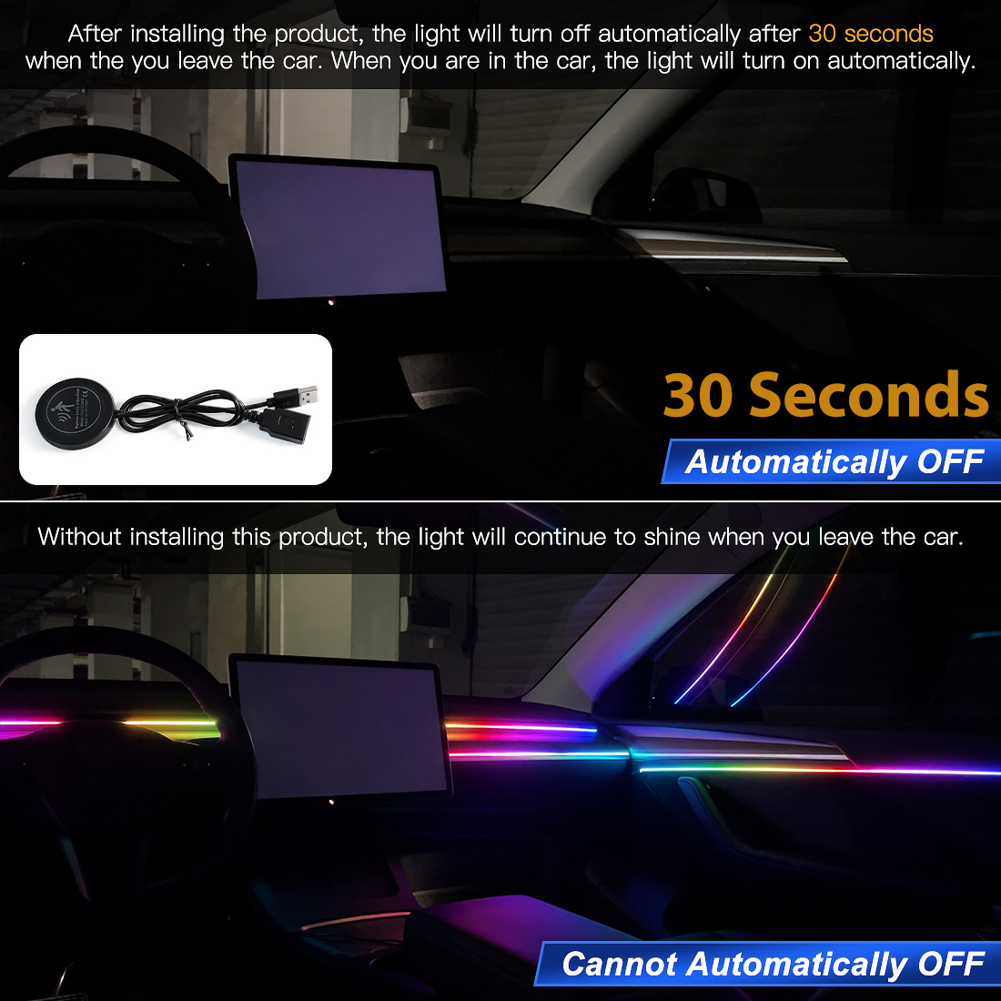 Luces ambientales para coche, módulo de apagado automático, guantera de 30 y 60 segundos, base de expansión USB, sinfonía, tiras de 140cm para Tesla Model 3 Y S X