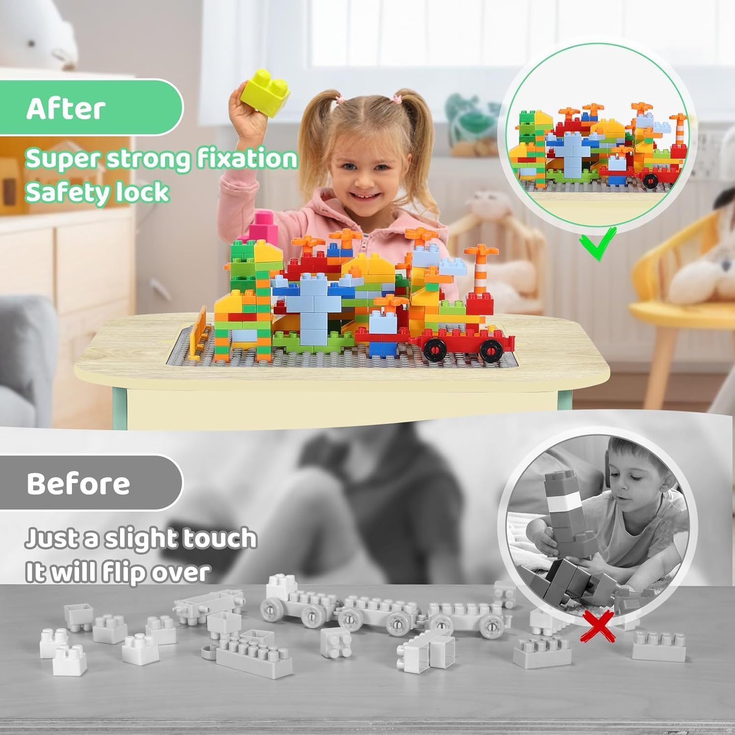 Table d'activité pour enfants et 2 chaises avec rangement, plateau de bloc de construction en bois 2 en 1 pour arts, artisanat, lecture, préscolaire