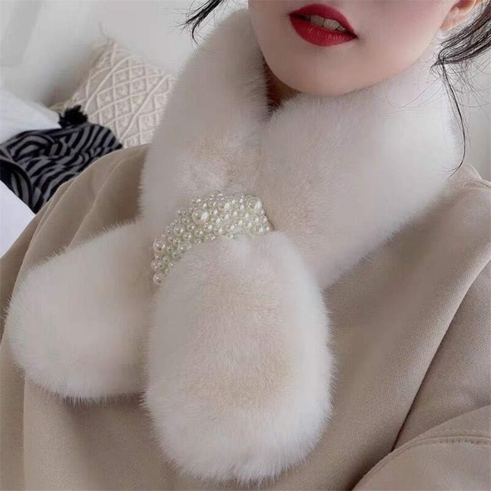 Bufanda de perlas invierno nuevo estilo versión coreana gruesa de lana de calentamiento cruzado cuello tipo conejo