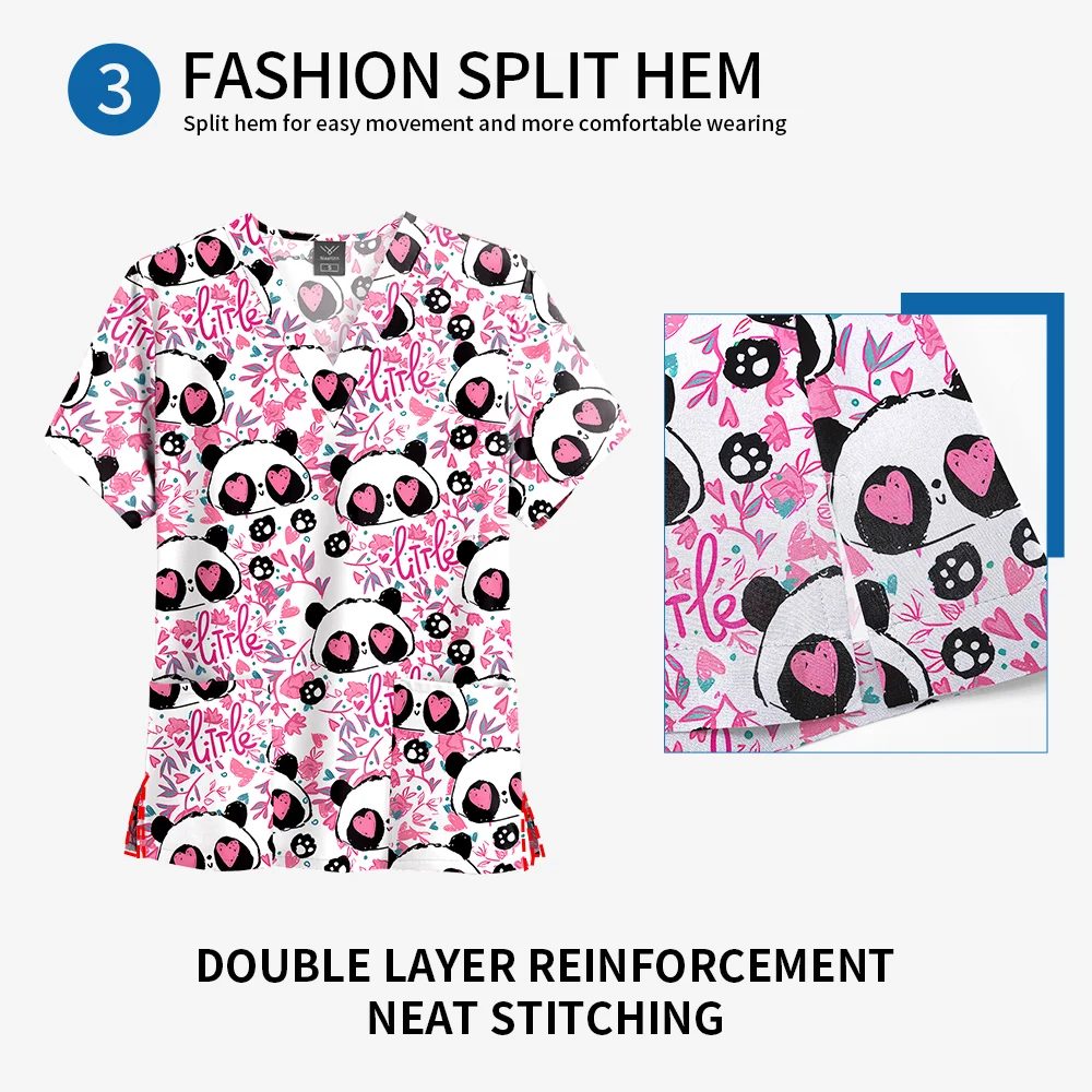 Impressão esfrega topo feminino com bolsos com decote em v esfrega uniformes pet grooming enfermeira spa cuidados camisa uniformes de enfermería para mujer