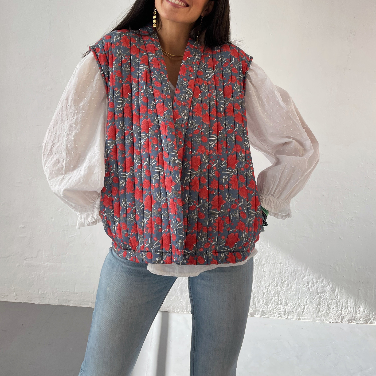 Combhasaki Damen Y2K Vintage warme Pufferweste, ästhetischer Karomuster/Blumendruck, ärmellos, vorne offen, Strickjacke, gepolsterter Mantel, Oberbekleidung