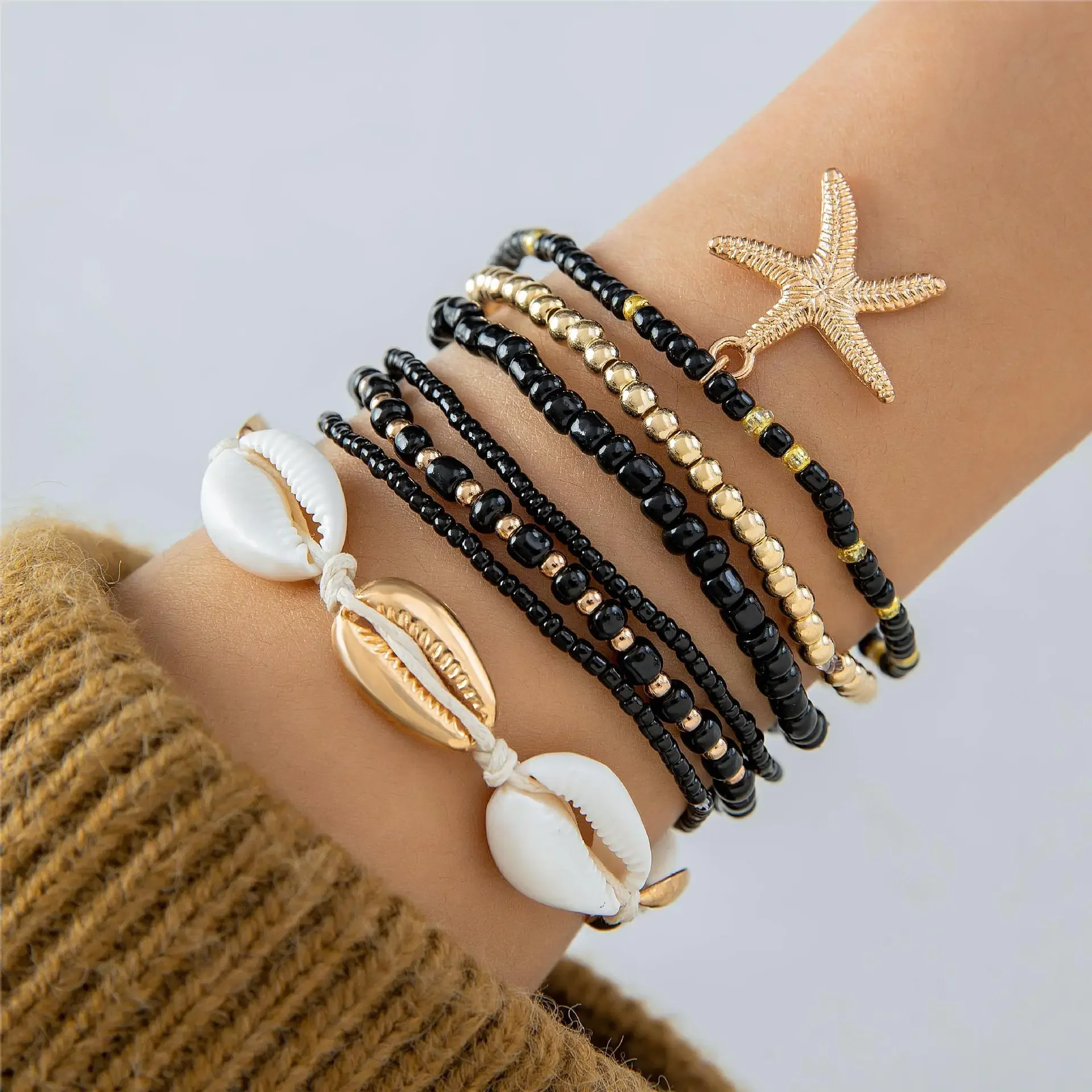 7Pcs Boho Sommer Seestern Armband Set Für Frauen Böhmischen Shell Reis Perlen Elastische Kette Armreif Mädchen Strand Schmuck Zubehör