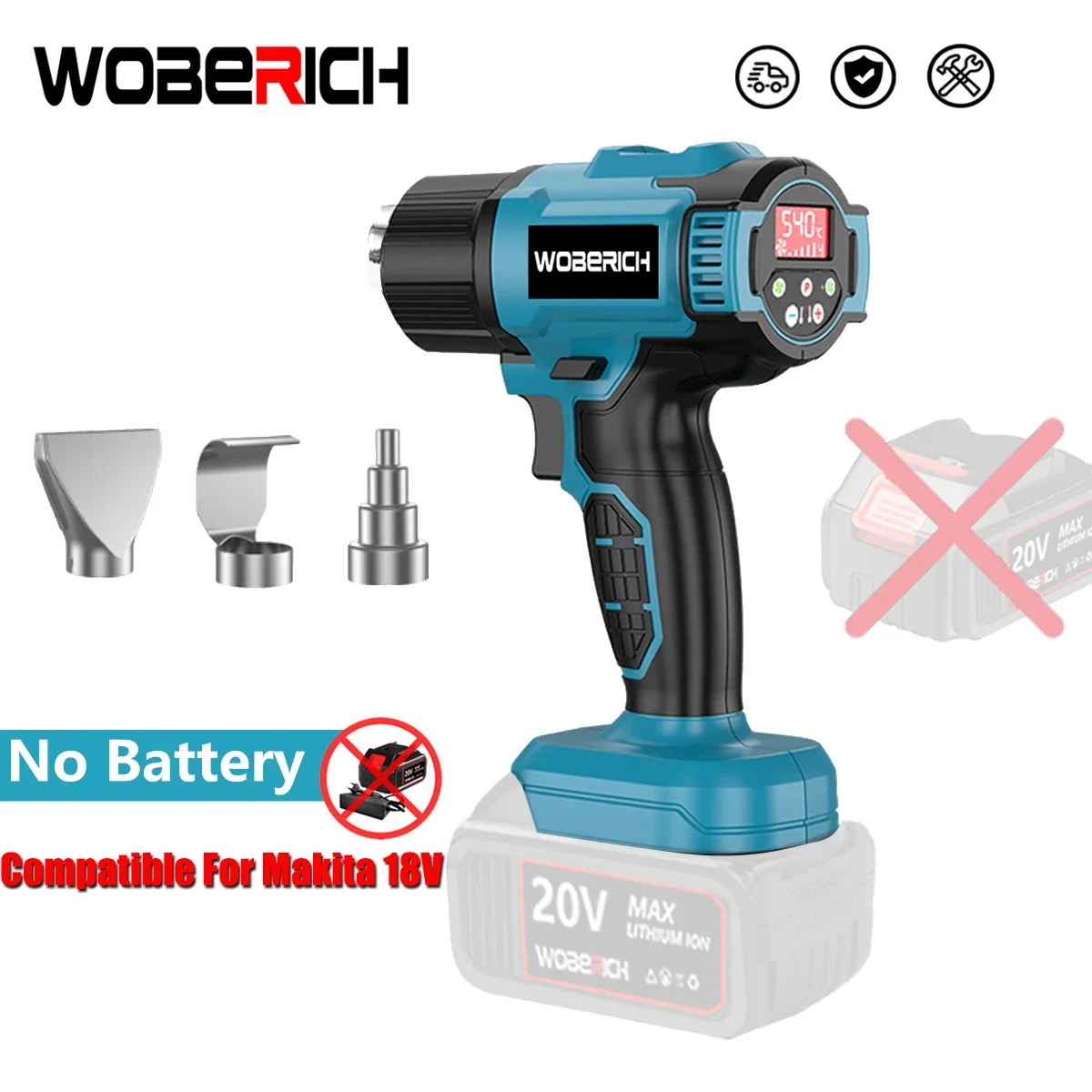 Cordless Heat Gun Wind Speed Optional Temperature adjustment With LED Temperature Display Cordless Hot Air Gun（No battery）
