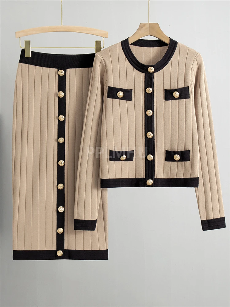 Nuevo suéter corto ajustado con cuello redondo para mujer, cárdigan, trajes de 2 piezas, Faldas de punto Vintage coreanas, conjuntos de Chaquetas con botones elegantes, Conjunto