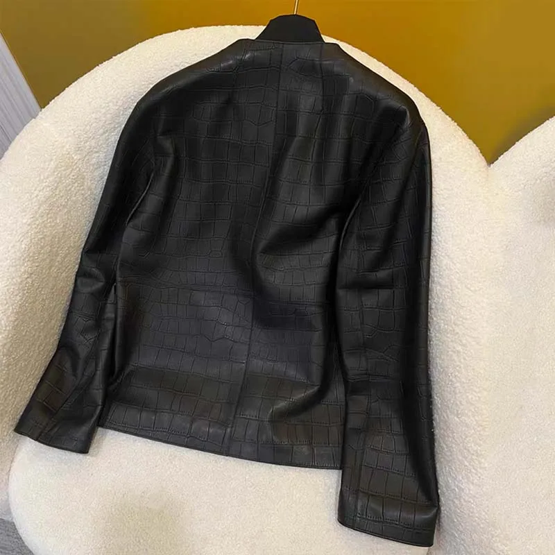Jaqueta de couro genuíno com decote em v roupas de comprimento curto de alta qualidade mi casaco de pele de crocodilo primavera feminino