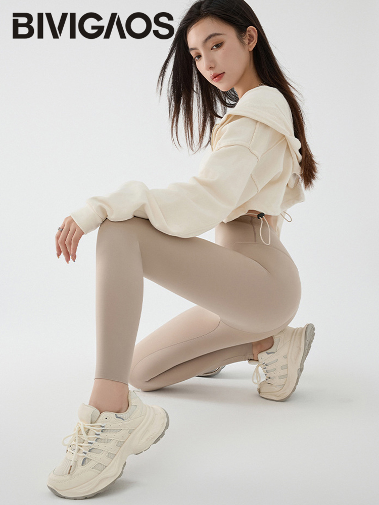 BIVIGAOS 新初秋シームレス起毛シャークスキンレギンス女性暖かいミディアムハイウエストタイトフィットカジュアルスポーツレギンス