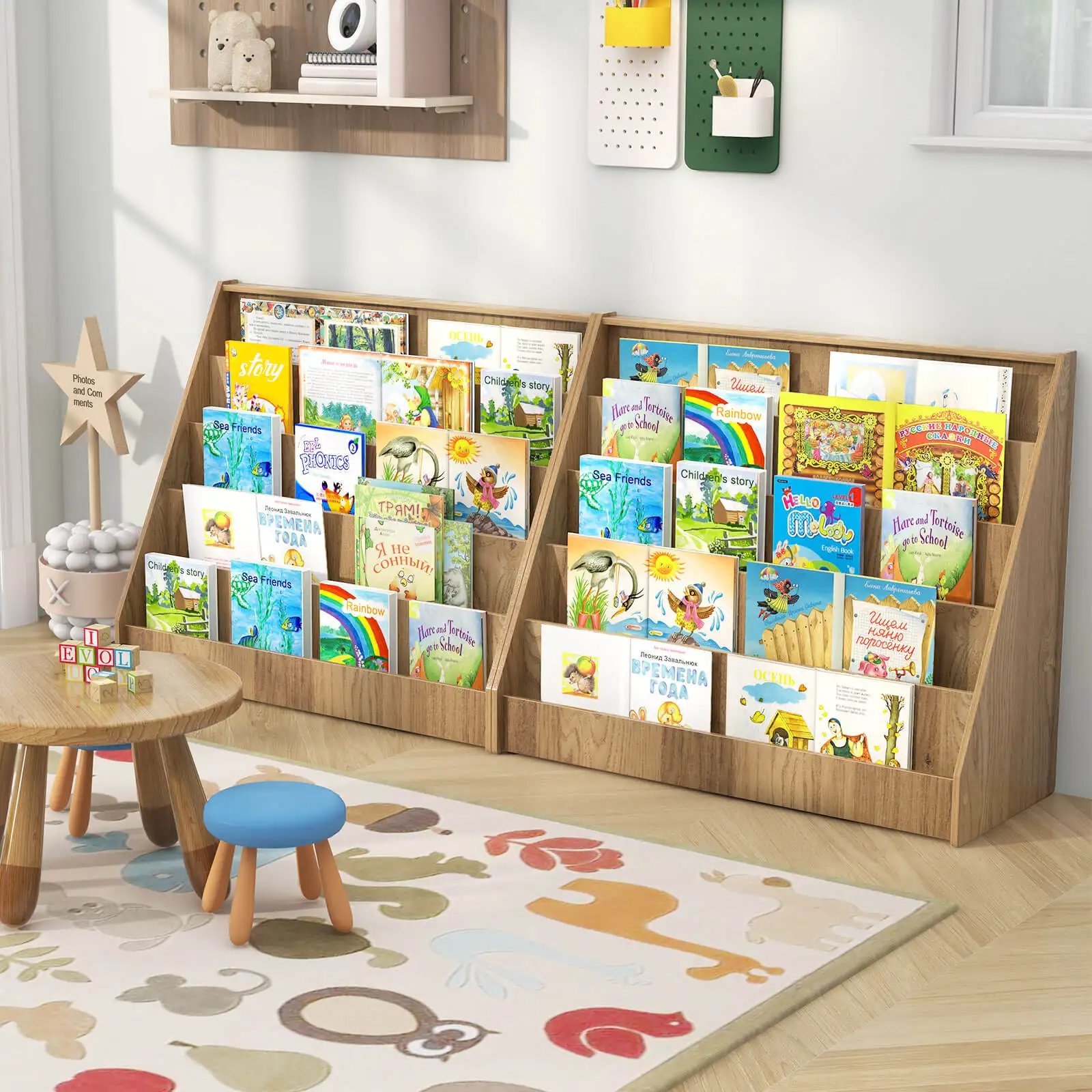 5 Tier Kids Bookshelf w/Anti-Tipping Device Kids-friendly Height for Bedroom