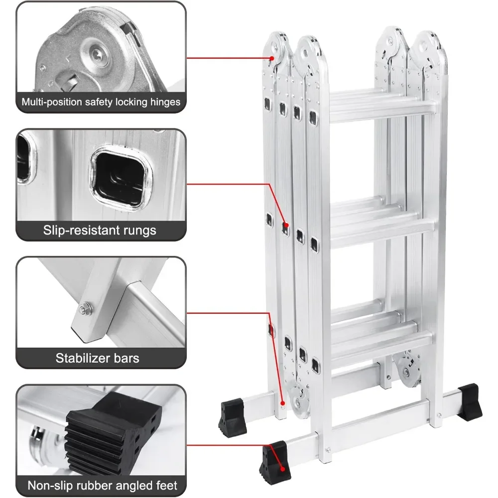 330lb 12.5ft Multi Purpose Aluminum Extension 7 in 1 Folding Step Ladder Foldable Lightweight Scaffold Ladder