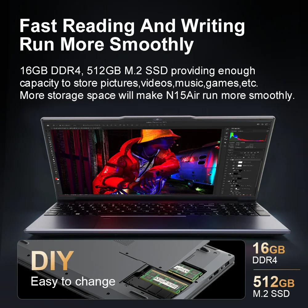 Ninkear N15 Air ordinateur portable 15,6 "IPS 1080P IPS Intel N95 3.4Ghz 16GB RAM 512GB SSD utilisation générale productivité Windows 11 pro ordinateur portable