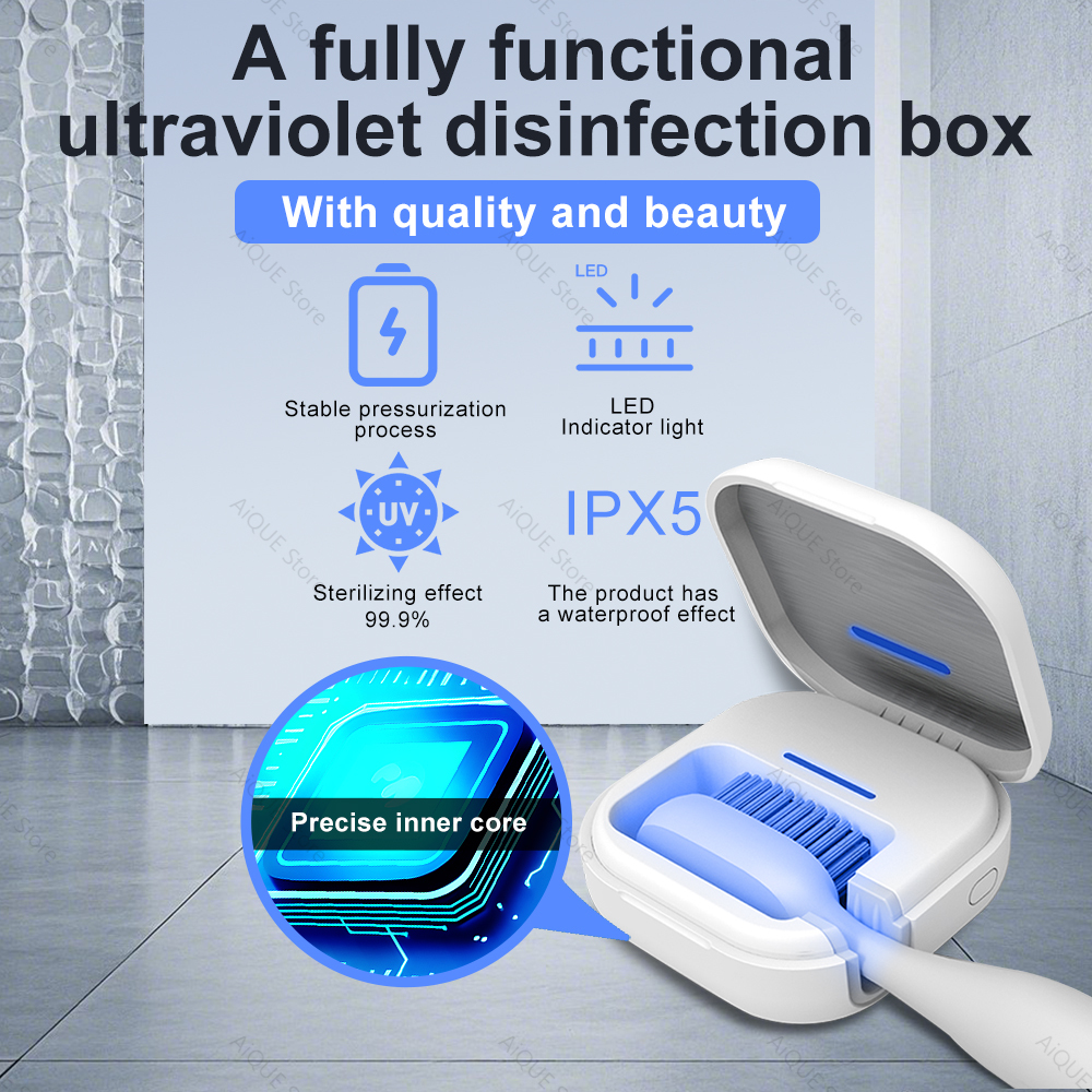 AiQUE 99.99% Sterilization Shell 280nm UV Toothbrush Sterilizer Mini Portable 350mAh Rechargeable Travel Case Bathroom