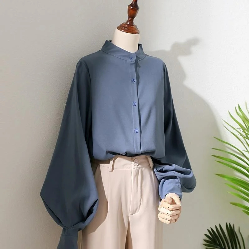 Vrouw Lente Herfst Stijl Blouses Shirt Dame Lange Lantaarn Mouw Opstaande Kraag Losse Blusas Tops